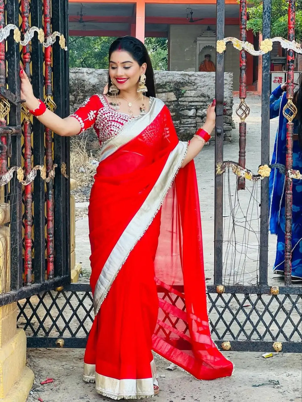 Soft Georgette Saree with Big Gotta Patta and Handwork Blouse