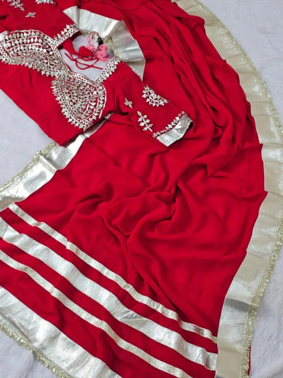 Soft Georgette Saree with Big Gotta Patta and Handwork Blouse