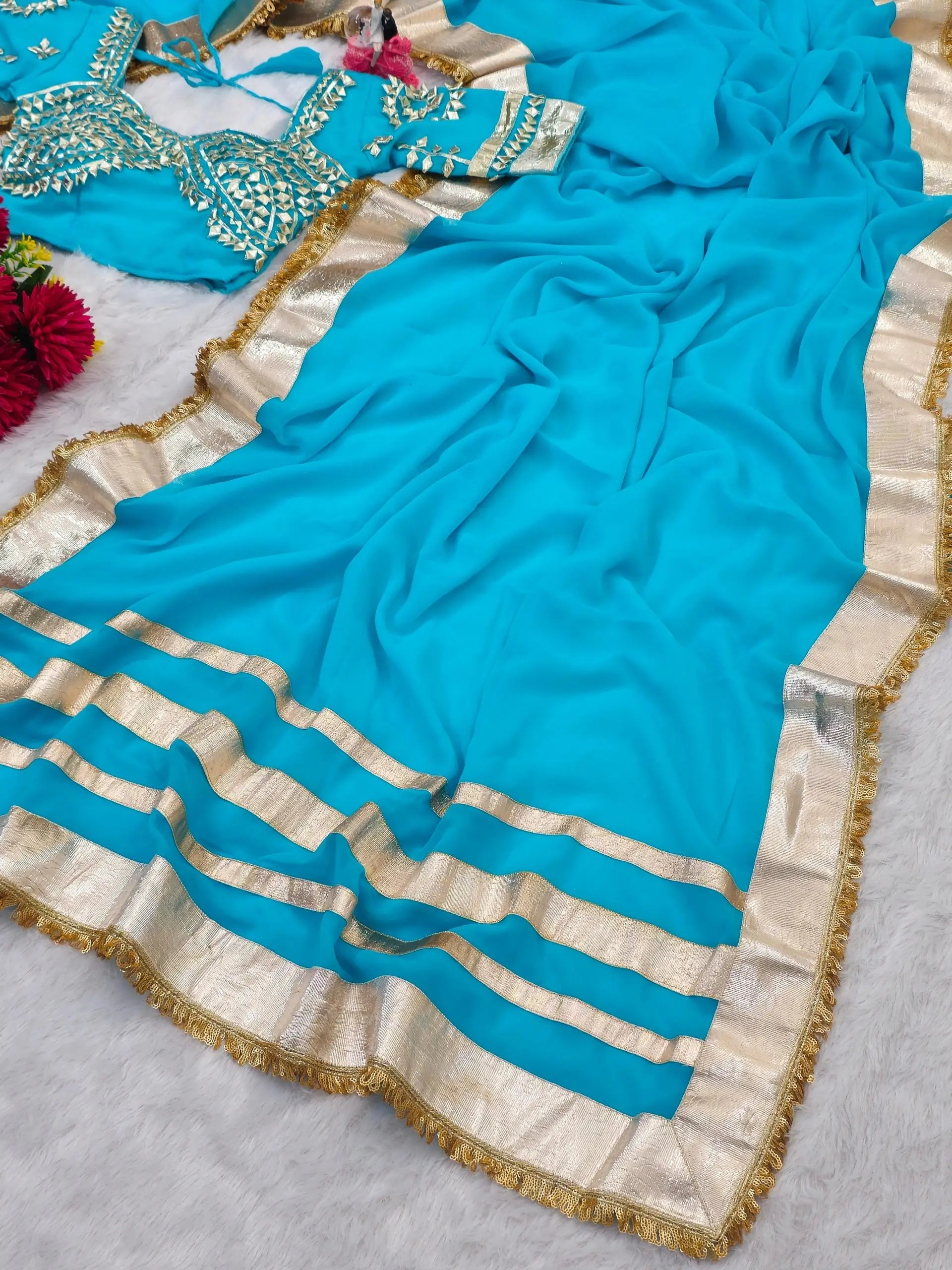 Soft Georgette Saree with Big Gotta Patta and Handwork Blouse