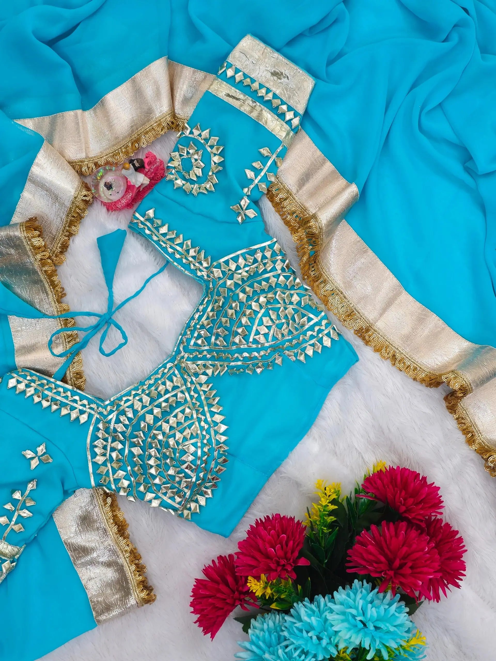 Soft Georgette Saree with Big Gotta Patta and Handwork Blouse