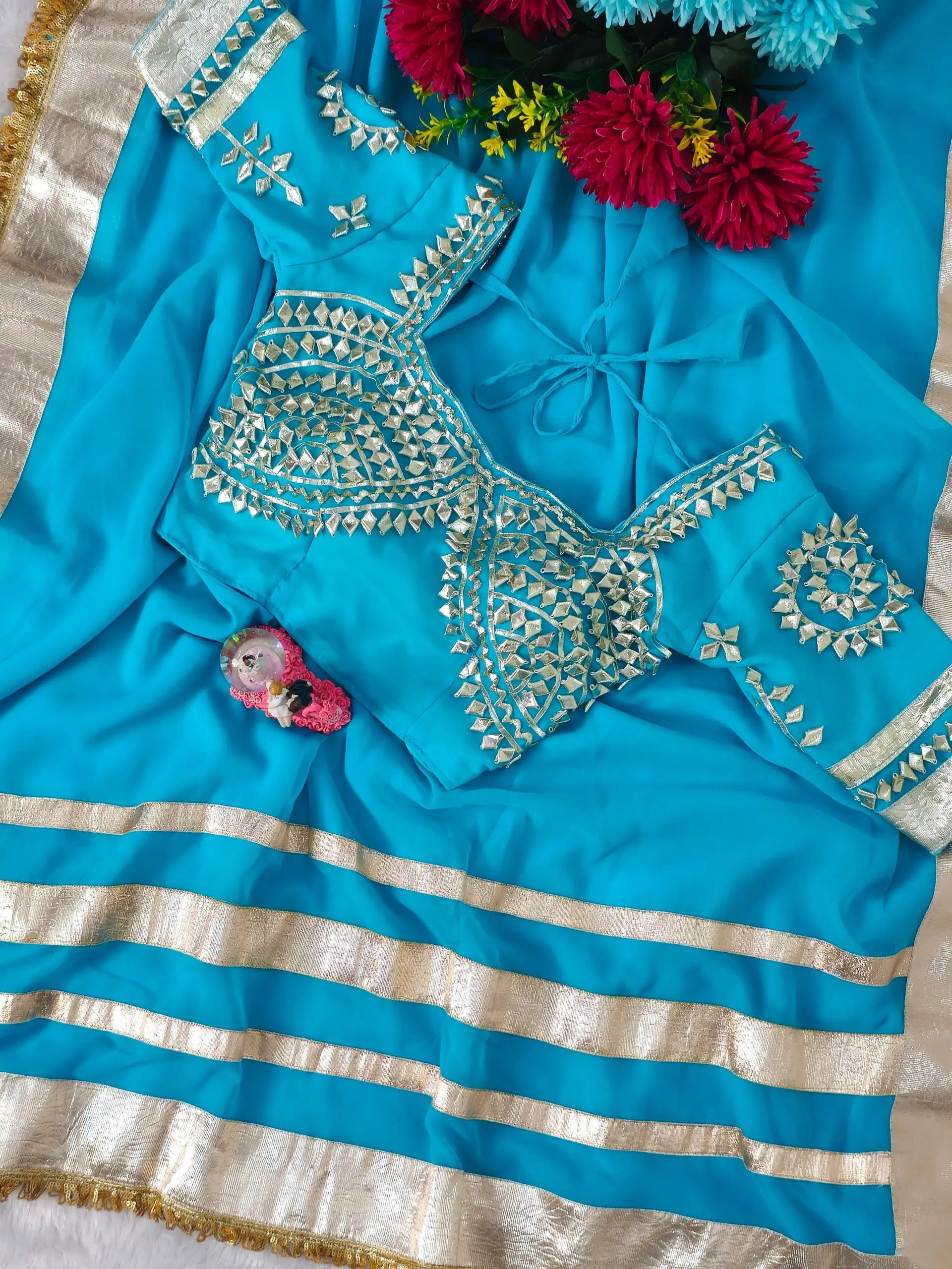 Soft Georgette Saree with Big Gotta Patta and Handwork Blouse