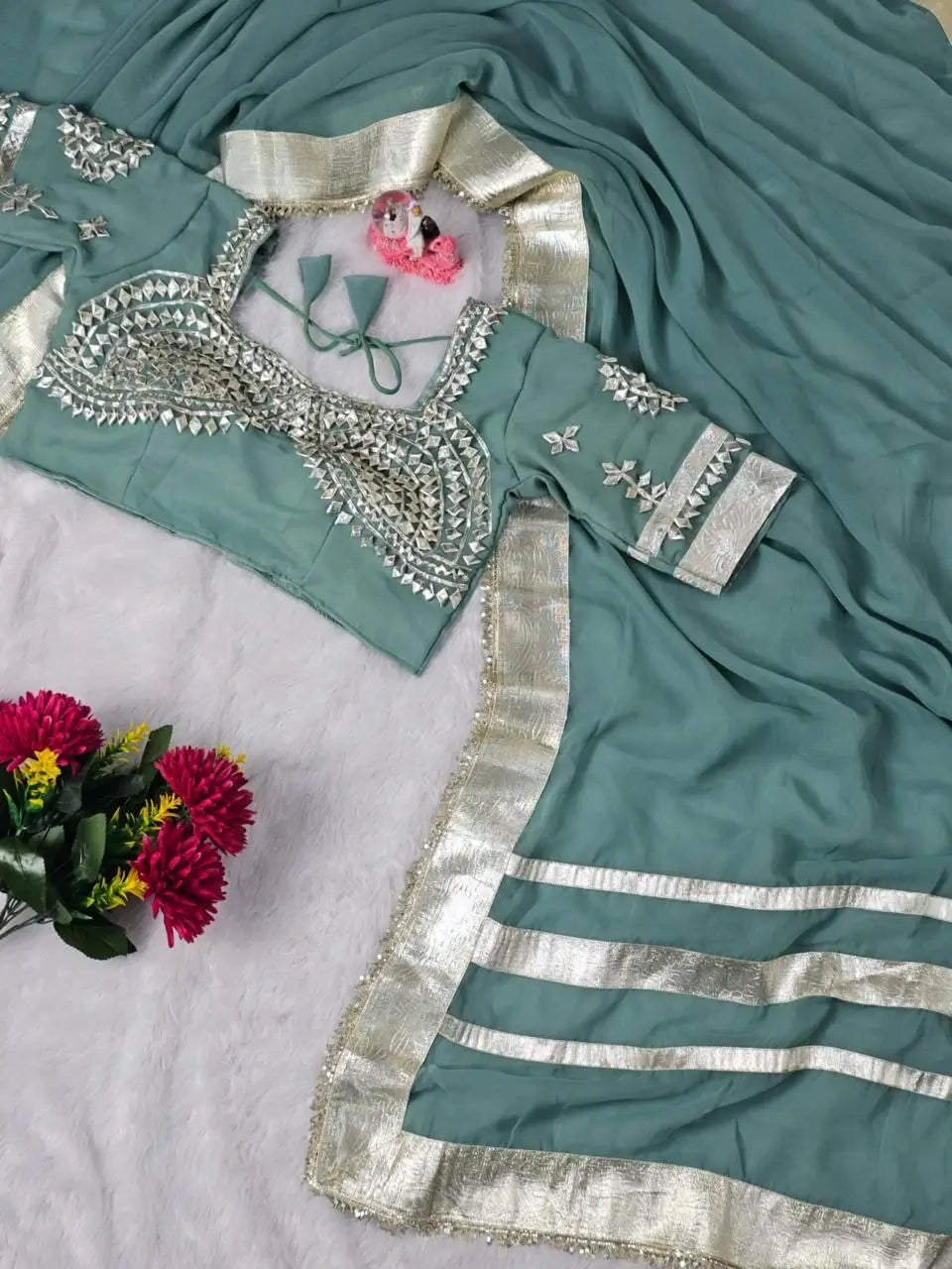 Soft Georgette Saree with Big Gotta Patta and Handwork Blouse