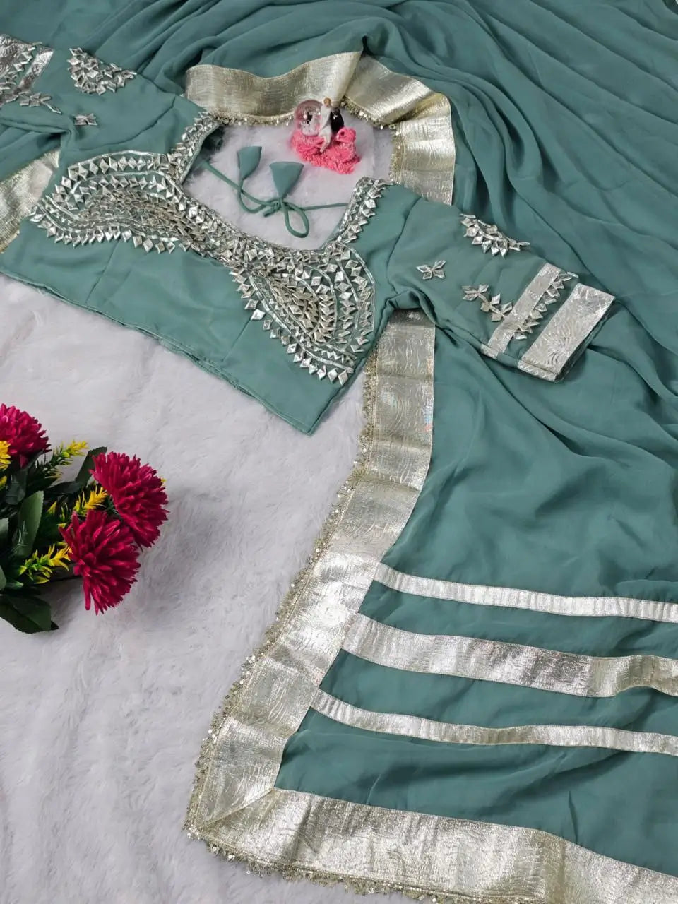 Soft Georgette Saree with Big Gotta Patta and Handwork Blouse