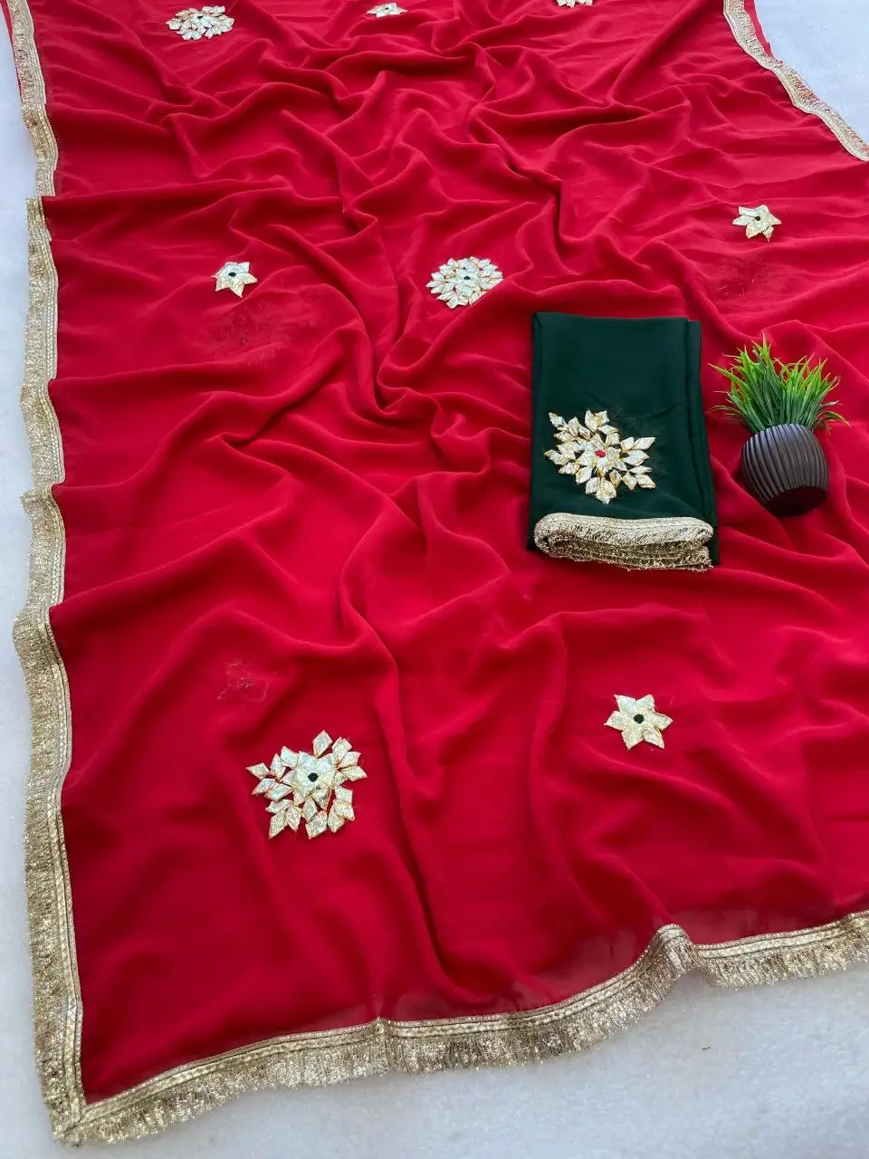 Soft Georgette Saree with Gota Flower Work, Sabhyasachi Lace Border & Contrast Blouse