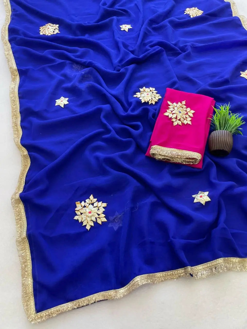 Soft Georgette Saree with Gota Flower Work, Sabhyasachi Lace Border & Contrast Blouse