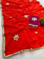 Soft Georgette Saree with Gota Flower Work, Sabhyasachi Lace Border & Contrast Blouse
