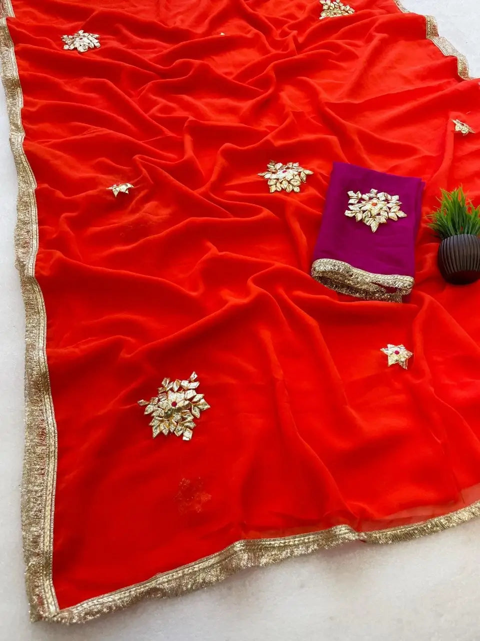 Soft Georgette Saree with Gota Flower Work, Sabhyasachi Lace Border & Contrast Blouse