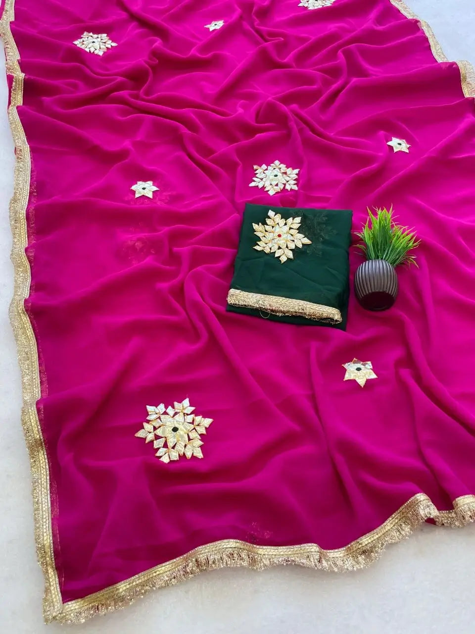 Soft Georgette Saree with Gota Flower Work, Sabhyasachi Lace Border & Contrast Blouse