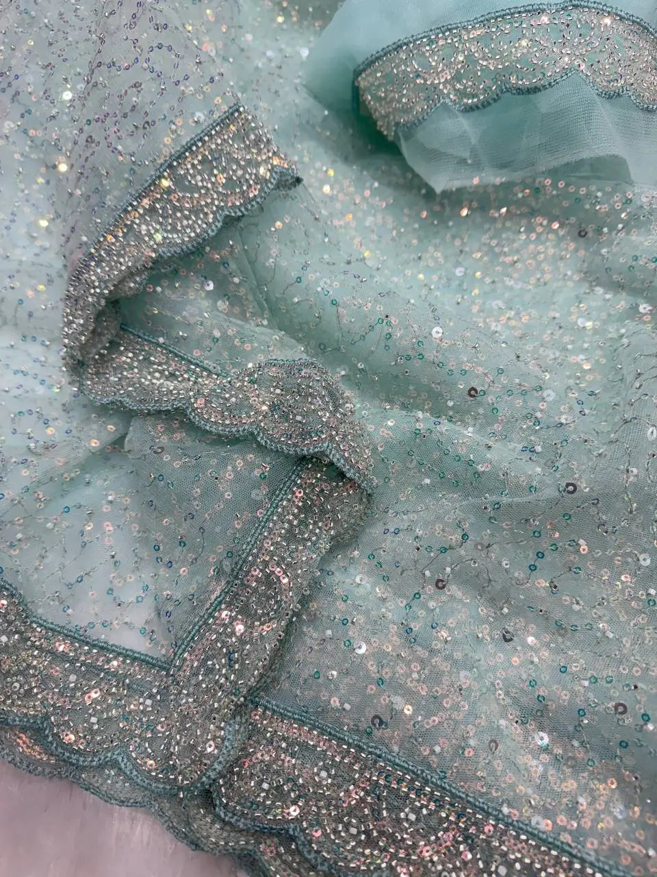 Soft Net Sequins & Beads Embroidered Designer Saree