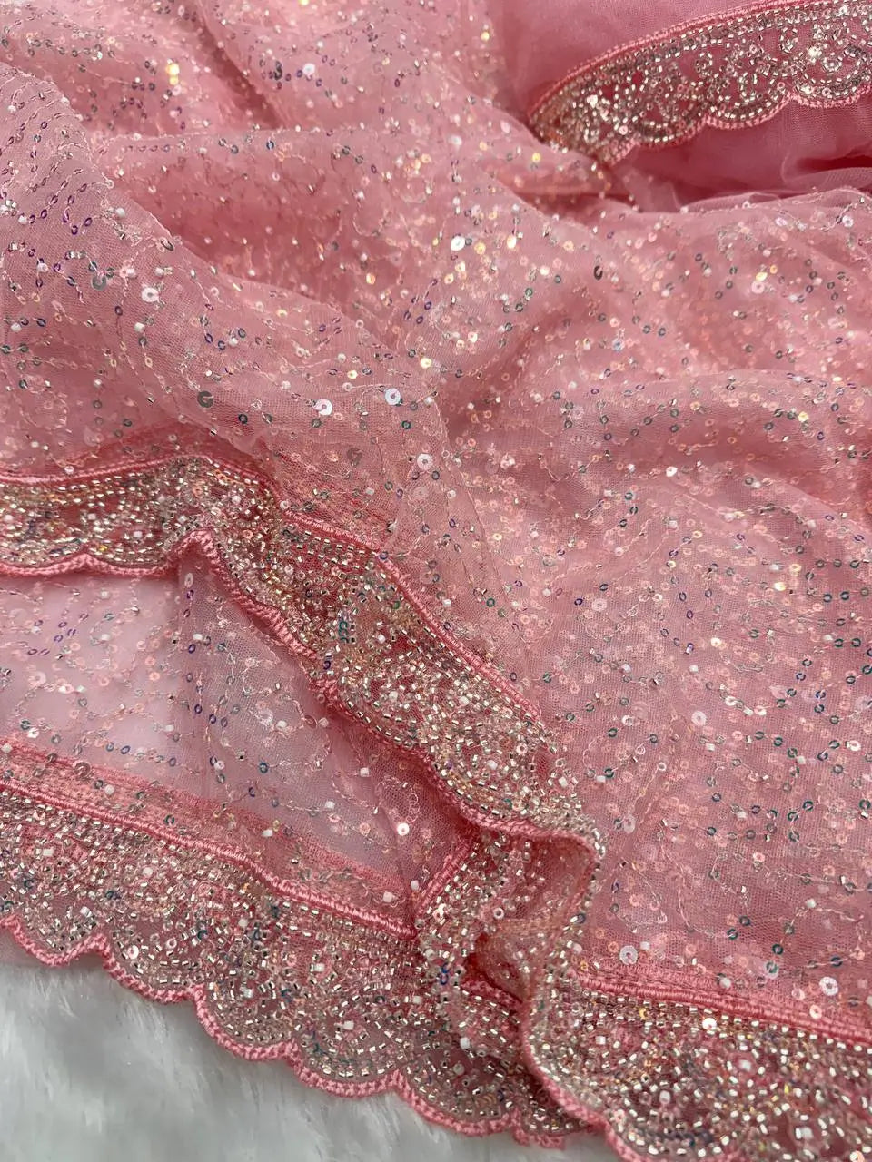 Soft Net Sequins & Beads Embroidered Designer Saree