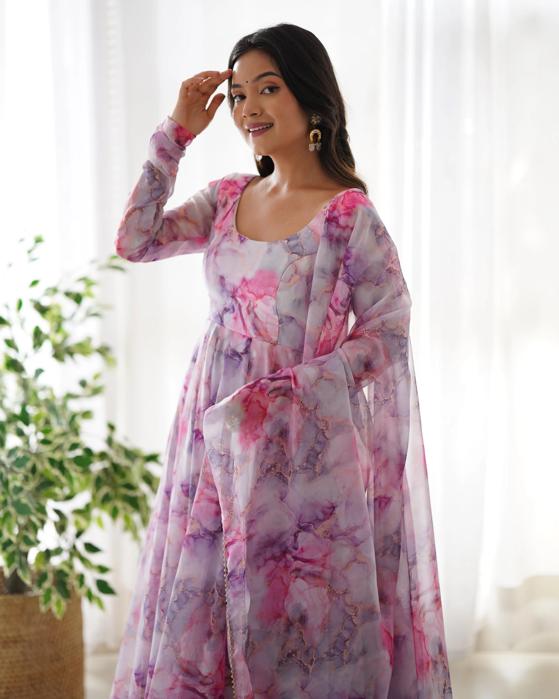 Soft Organza Silk Floral Anarkali Set with Gota Patti Dupatta