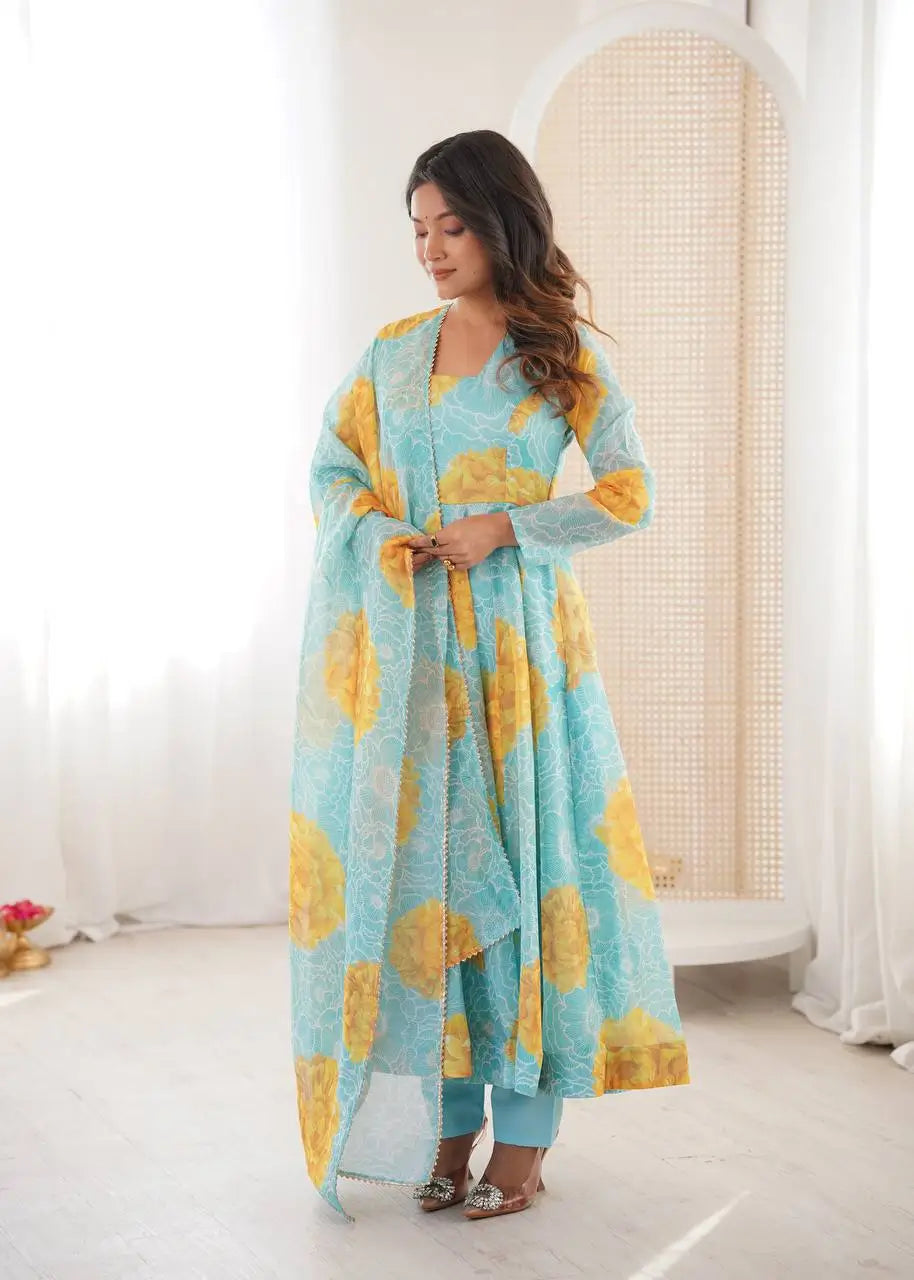 Soft Organza Silk Floral Anarkali Set with Gota Patti Dupatta