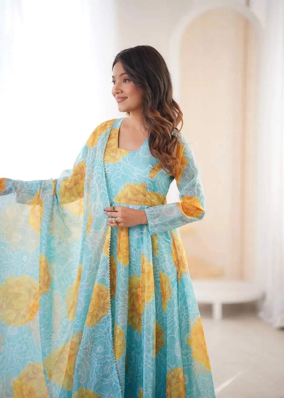 Soft Organza Silk Floral Anarkali Set with Gota Patti Dupatta