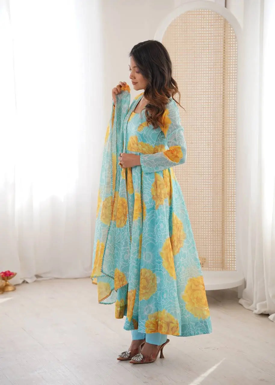 Soft Organza Silk Floral Anarkali Set with Gota Patti Dupatta