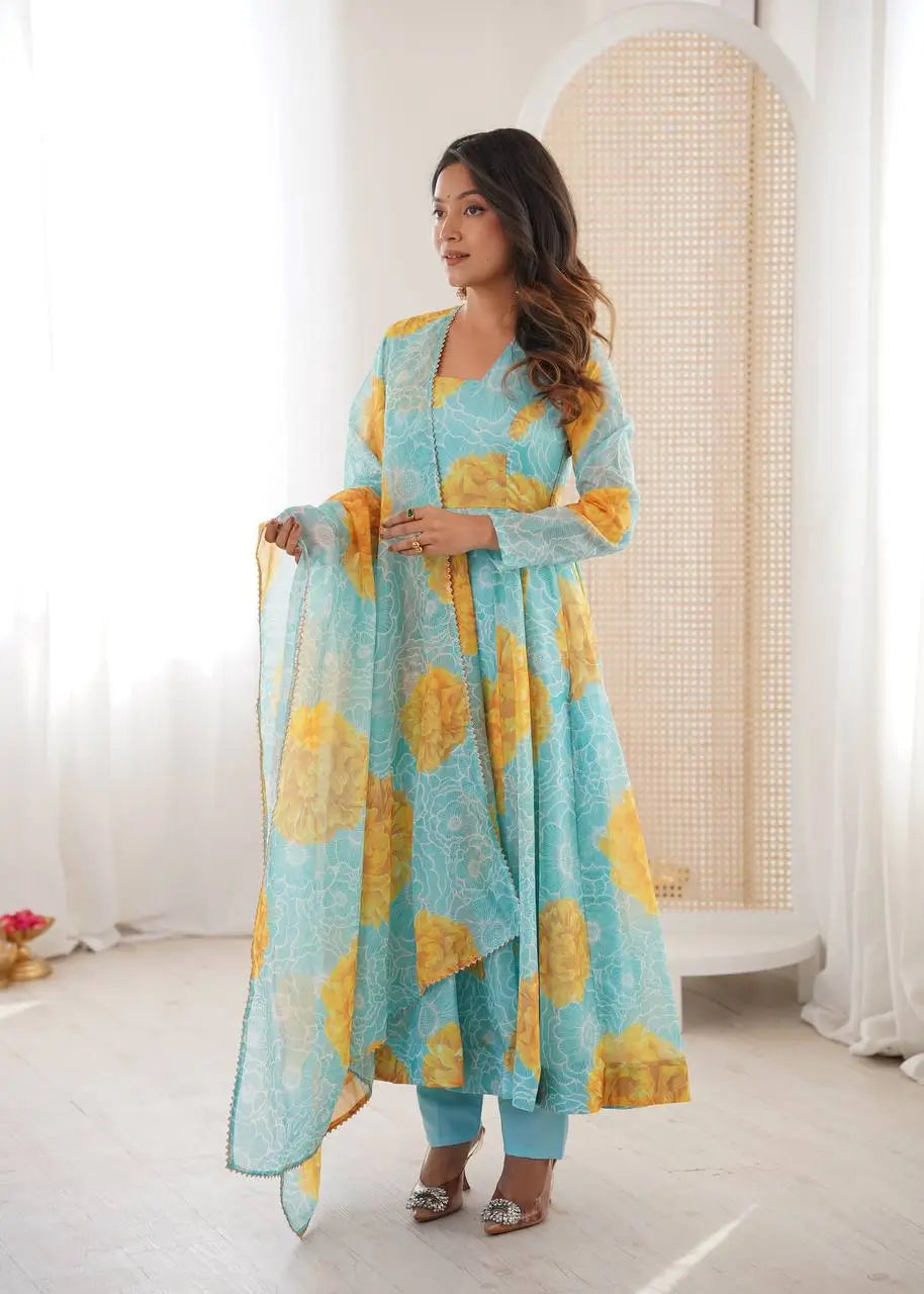Soft Organza Silk Floral Anarkali Set with Gota Patti Dupatta