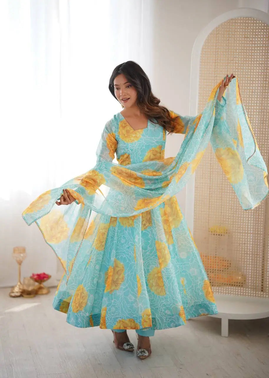 Soft Organza Silk Floral Anarkali Set with Gota Patti Dupatta