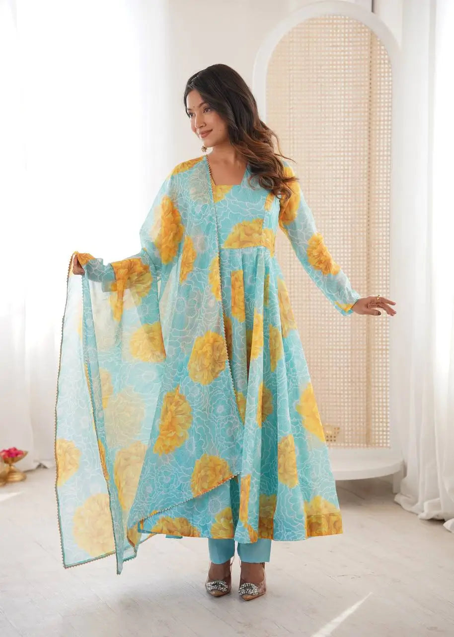 Soft Organza Silk Floral Anarkali Set with Gota Patti Dupatta