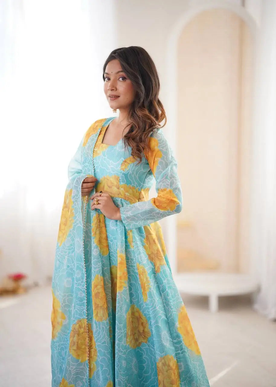 Soft Organza Silk Floral Anarkali Set with Gota Patti Dupatta