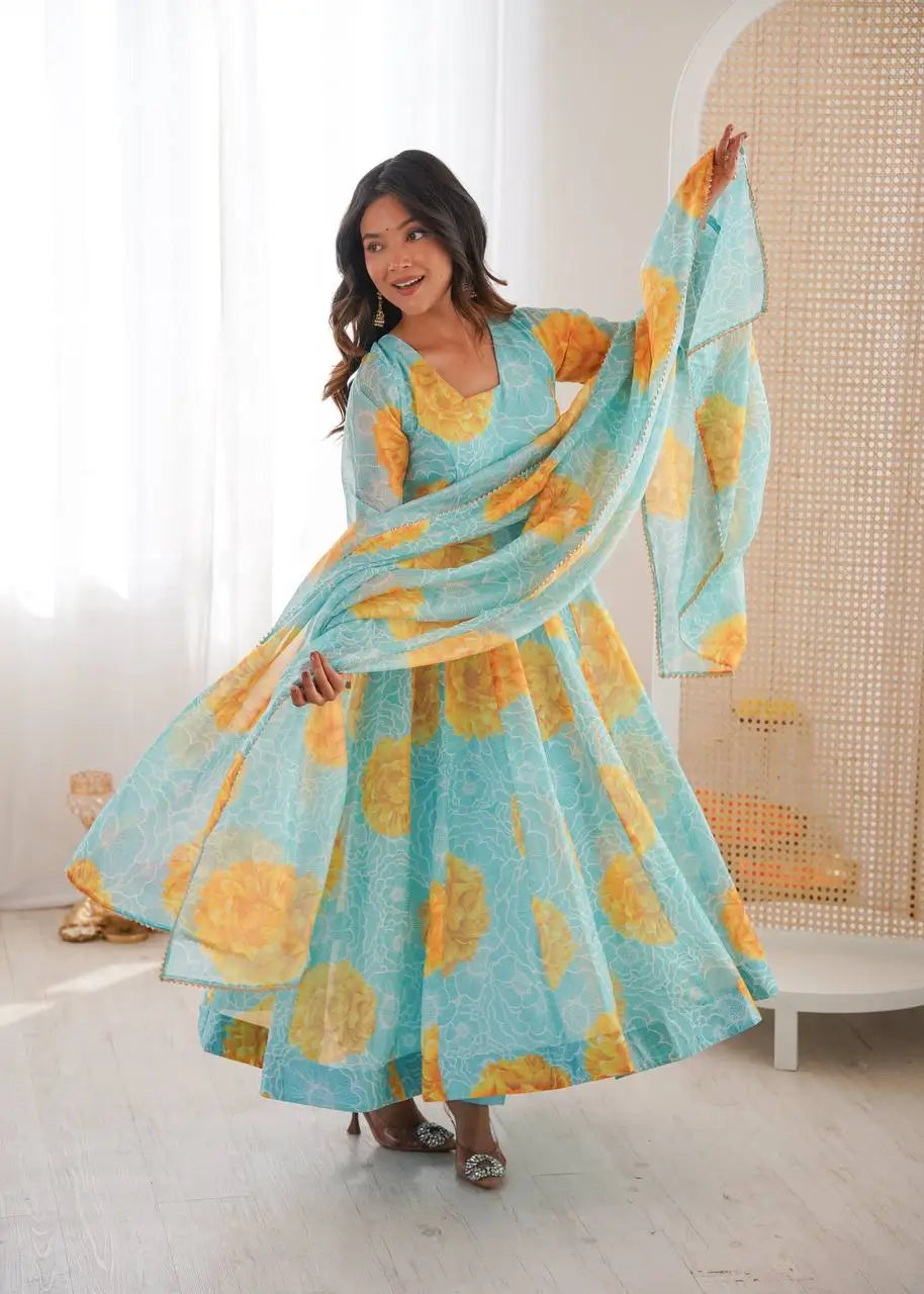Soft Organza Silk Floral Anarkali Set with Gota Patti Dupatta