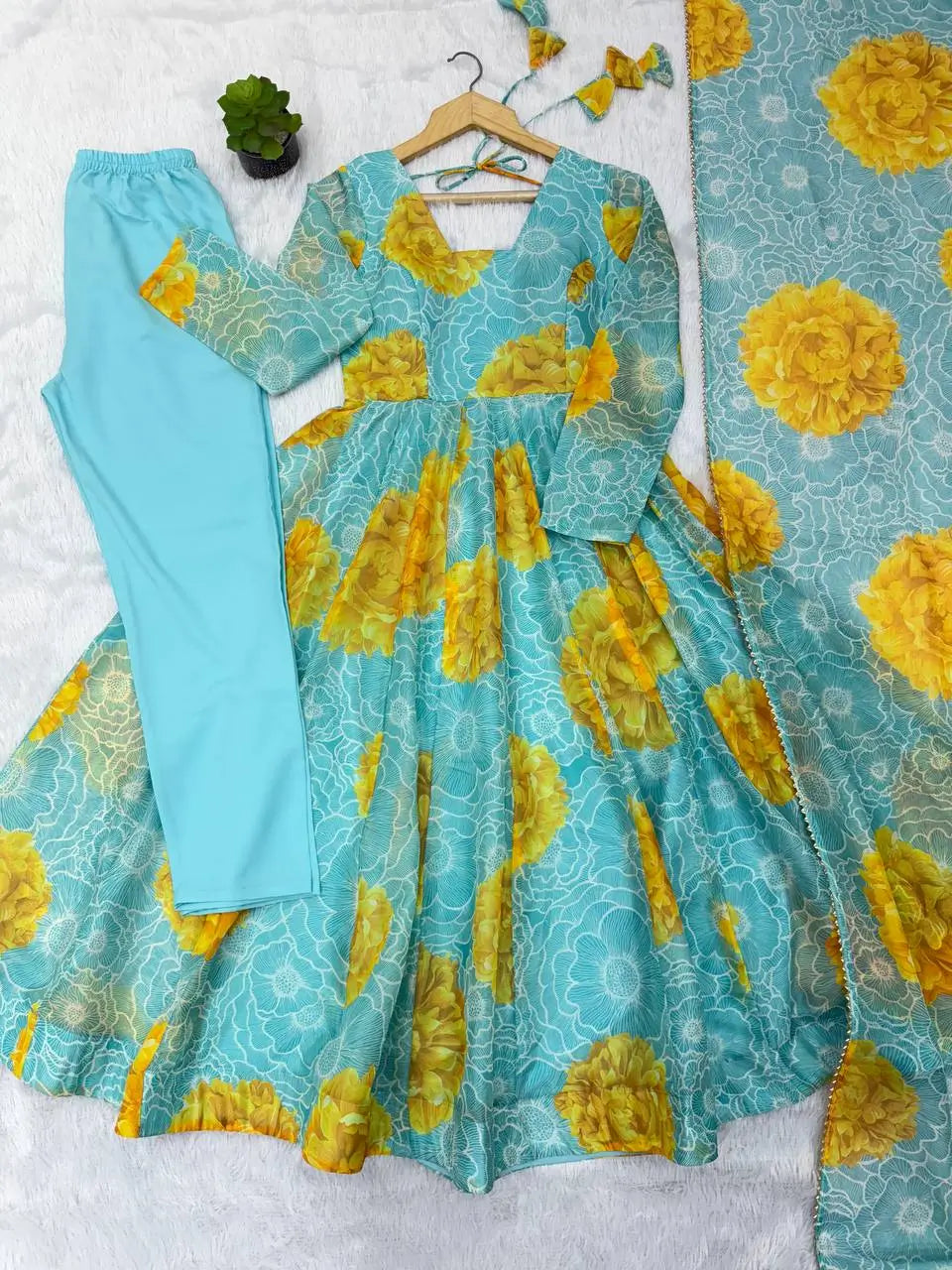 Soft Organza Silk Floral Anarkali Set with Gota Patti Dupatta