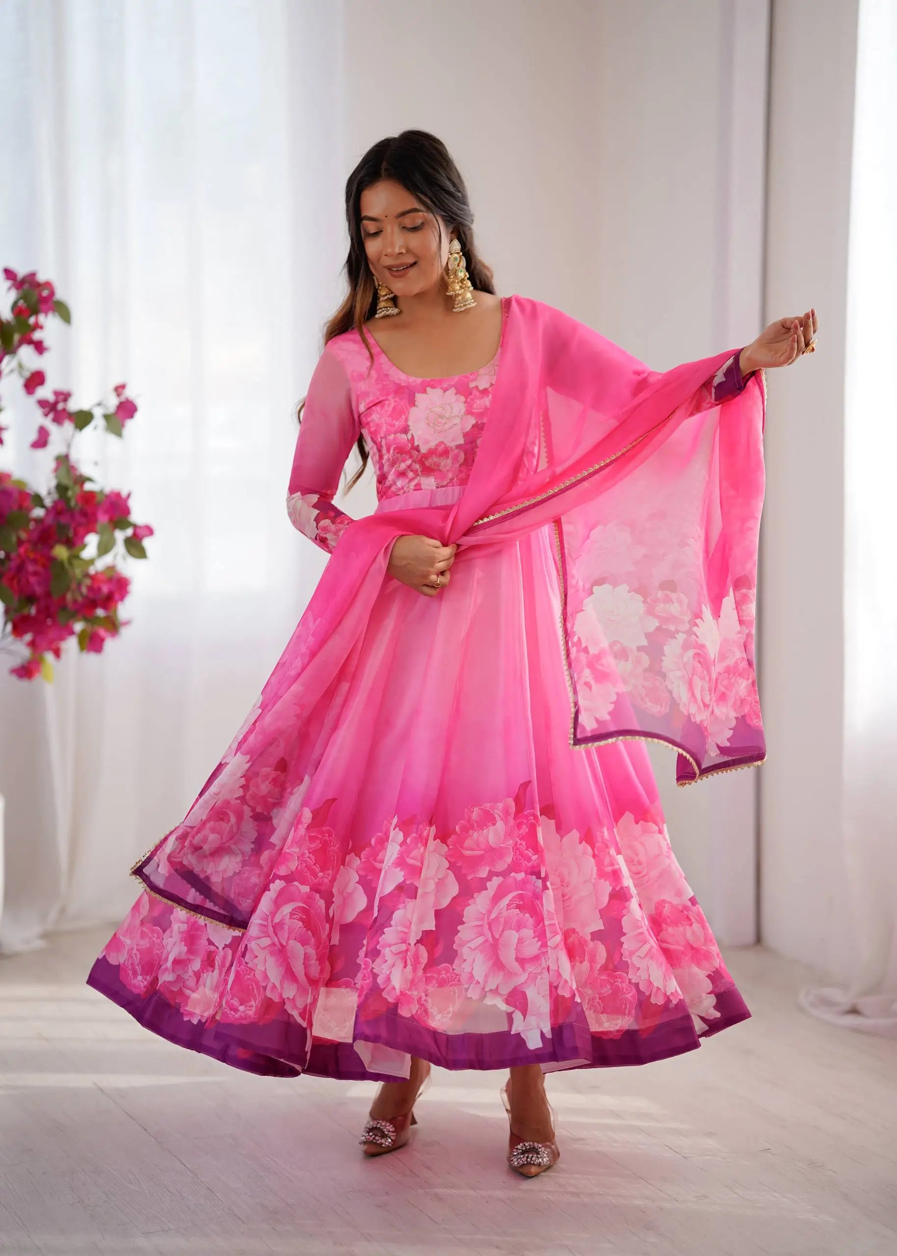 Soft Organza Silk Floral Anarkali Set with Gota Patti Dupatta