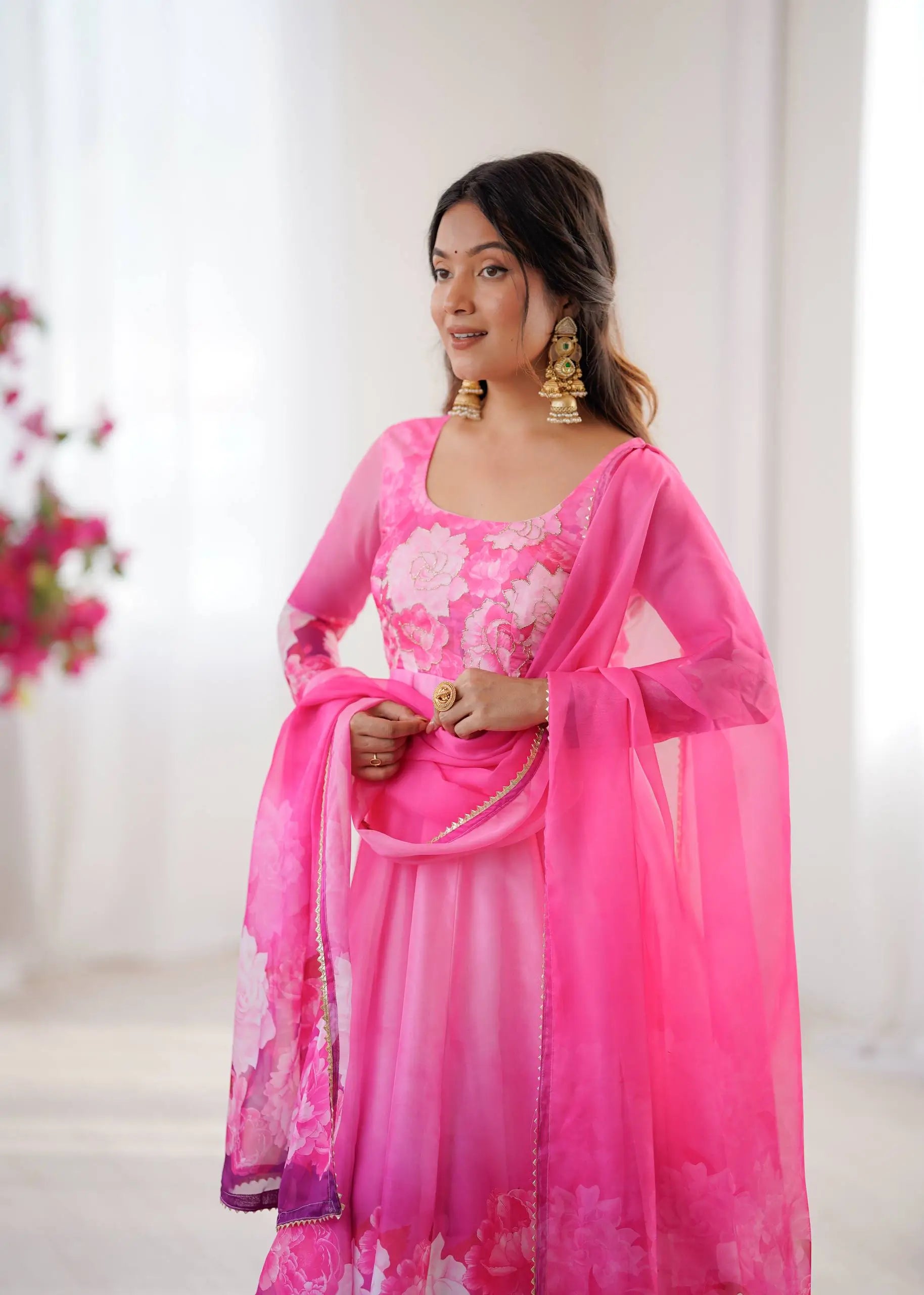 Soft Organza Silk Floral Anarkali Set with Gota Patti Dupatta