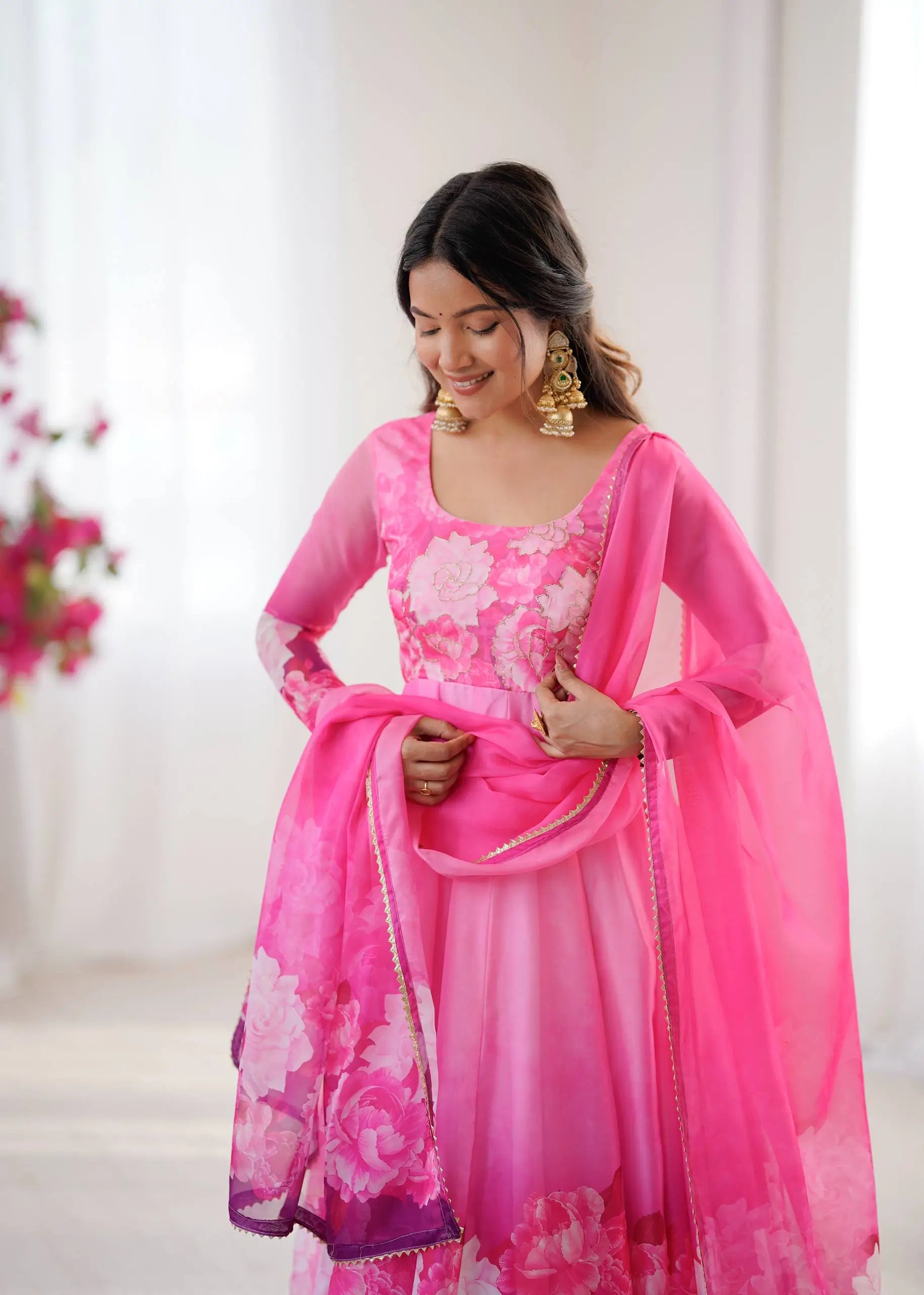 Soft Organza Silk Floral Anarkali Set with Gota Patti Dupatta
