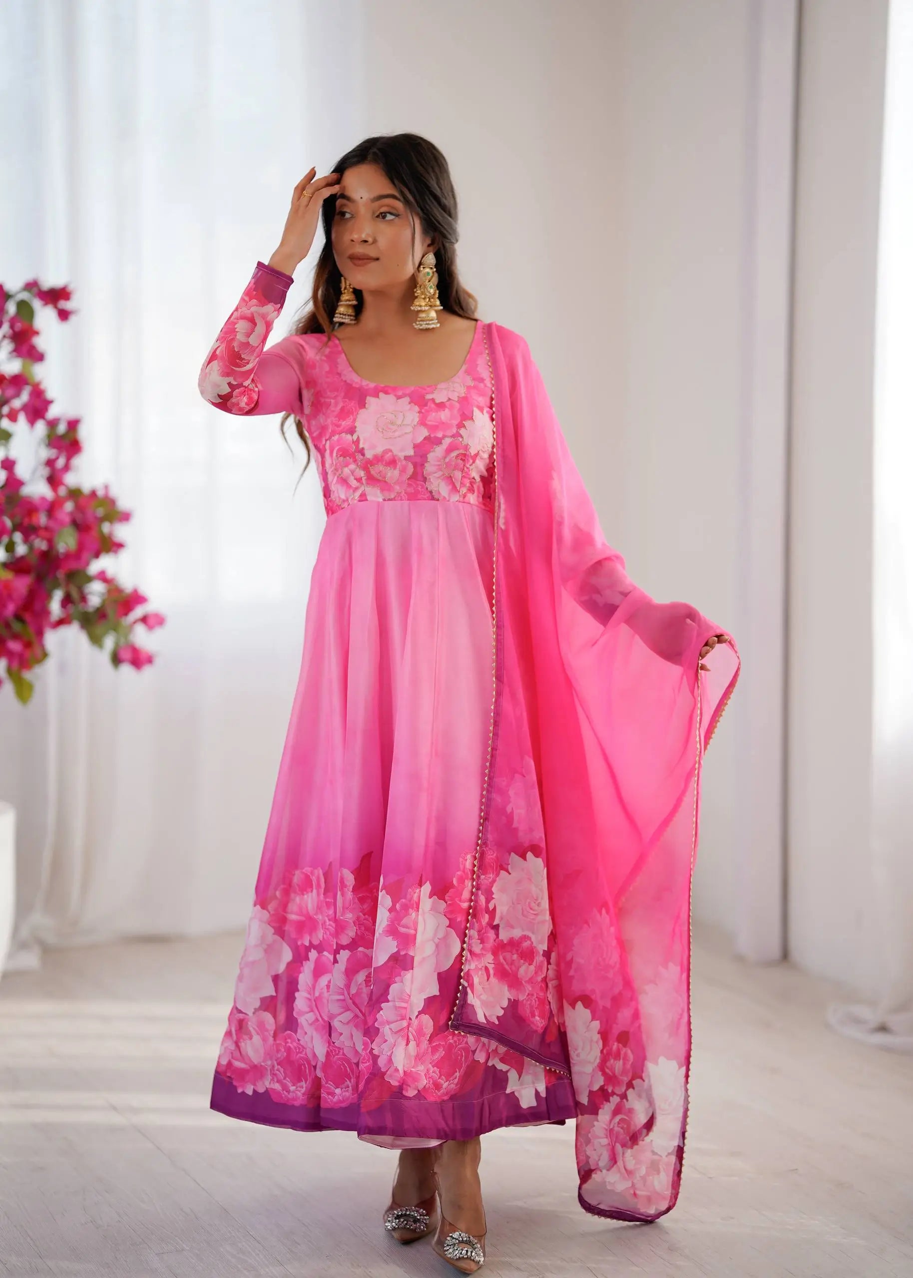 Soft Organza Silk Floral Anarkali Set with Gota Patti Dupatta