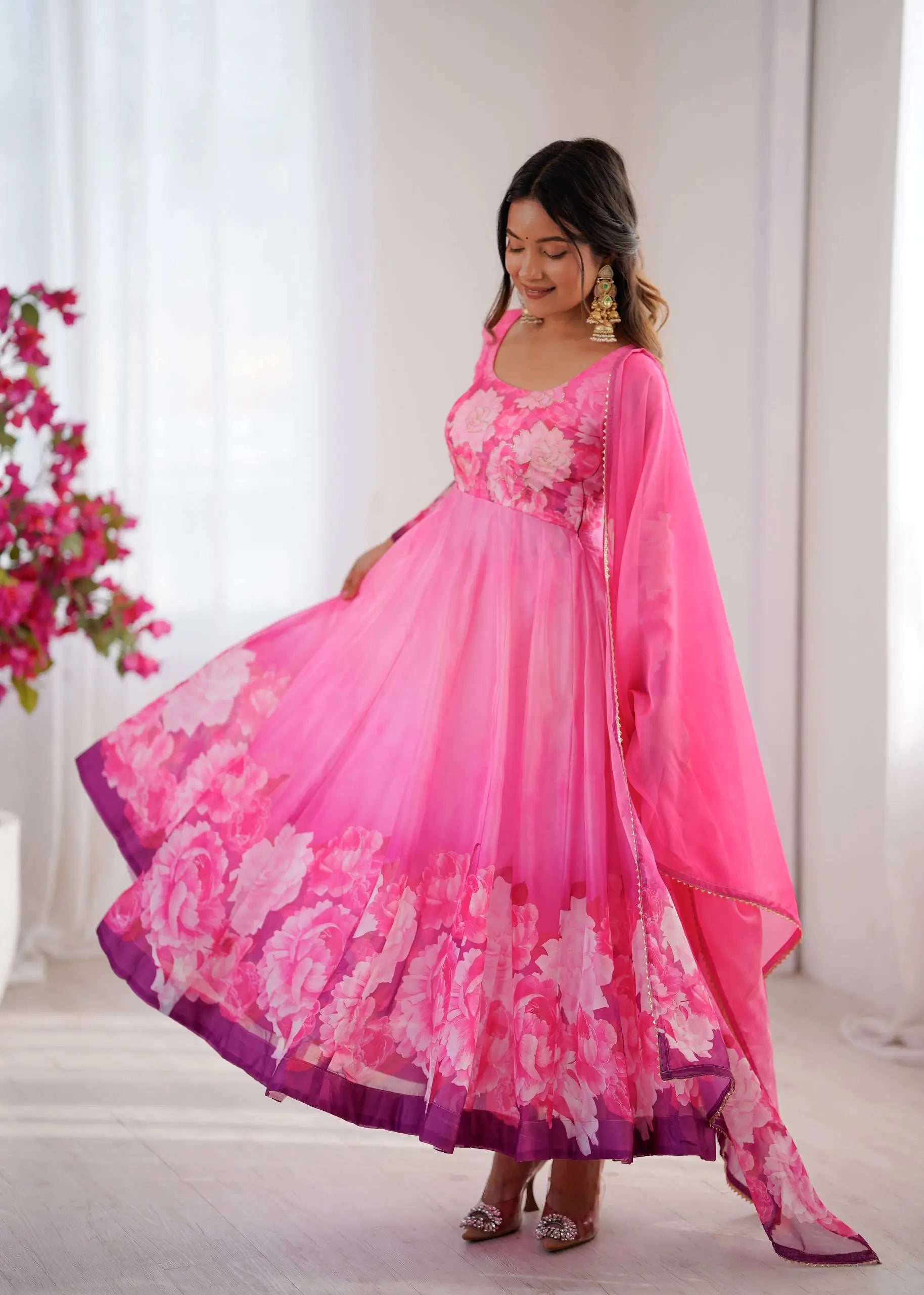 Soft Organza Silk Floral Anarkali Set with Gota Patti Dupatta