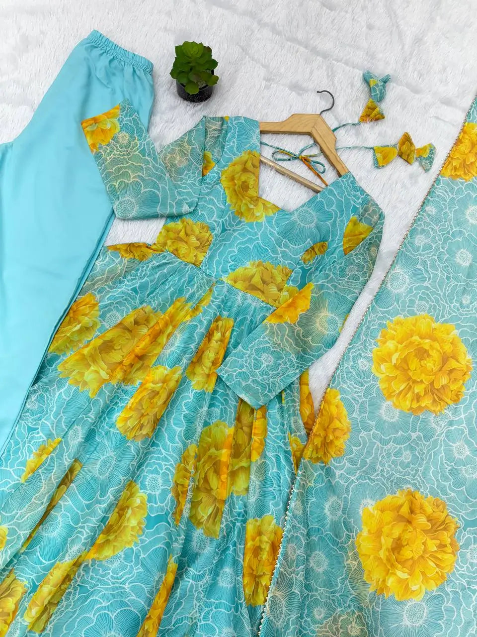 Soft Organza Silk Floral Anarkali Set with Gota Patti Dupatta