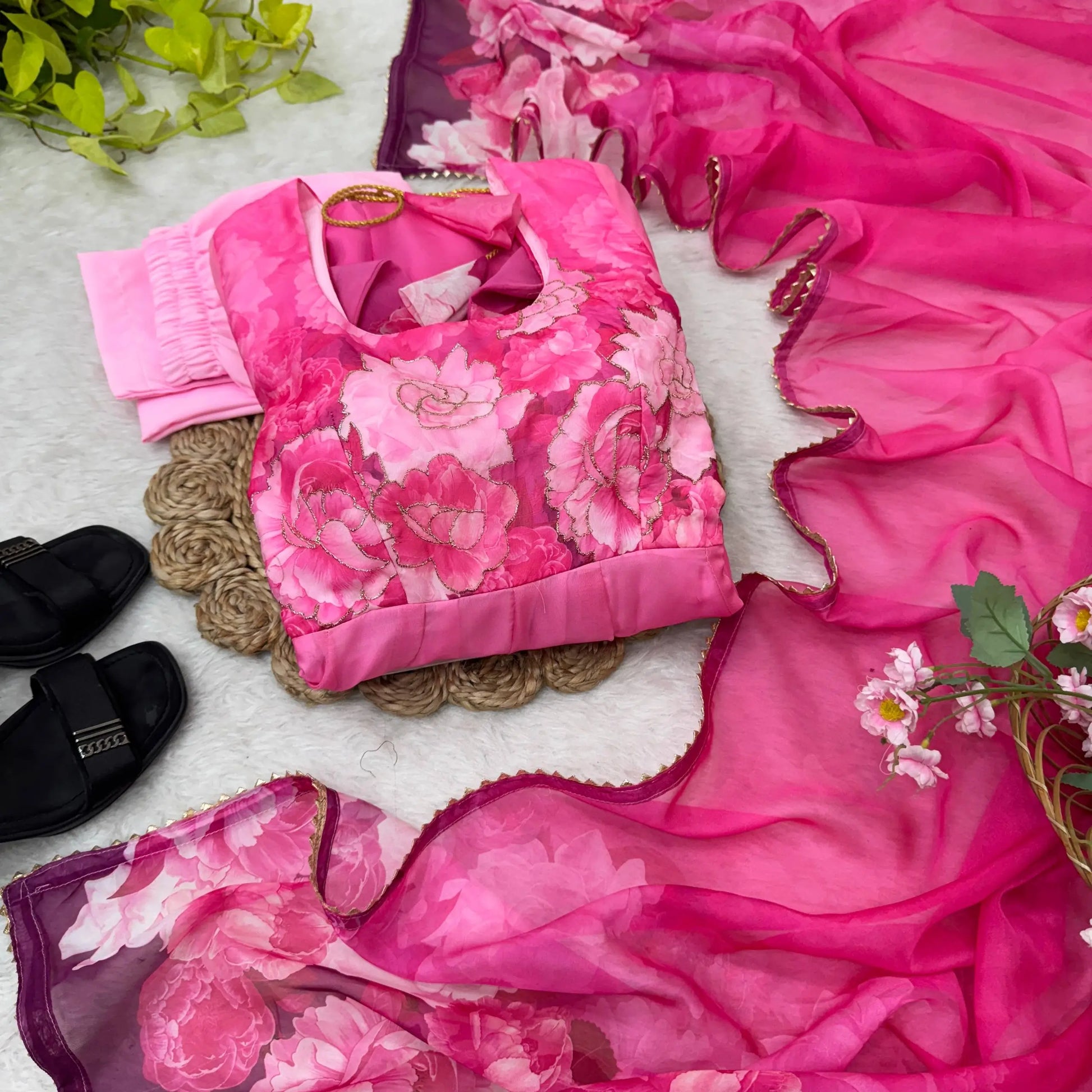 Soft Organza Silk Floral Anarkali Set with Gota Patti Dupatta