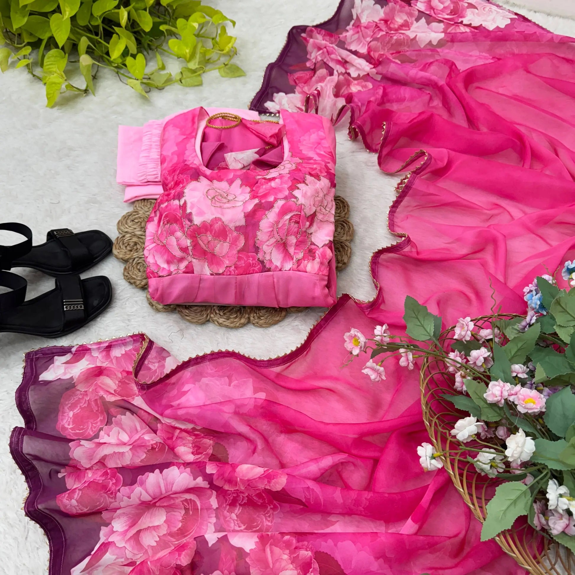Soft Organza Silk Floral Anarkali Set with Gota Patti Dupatta