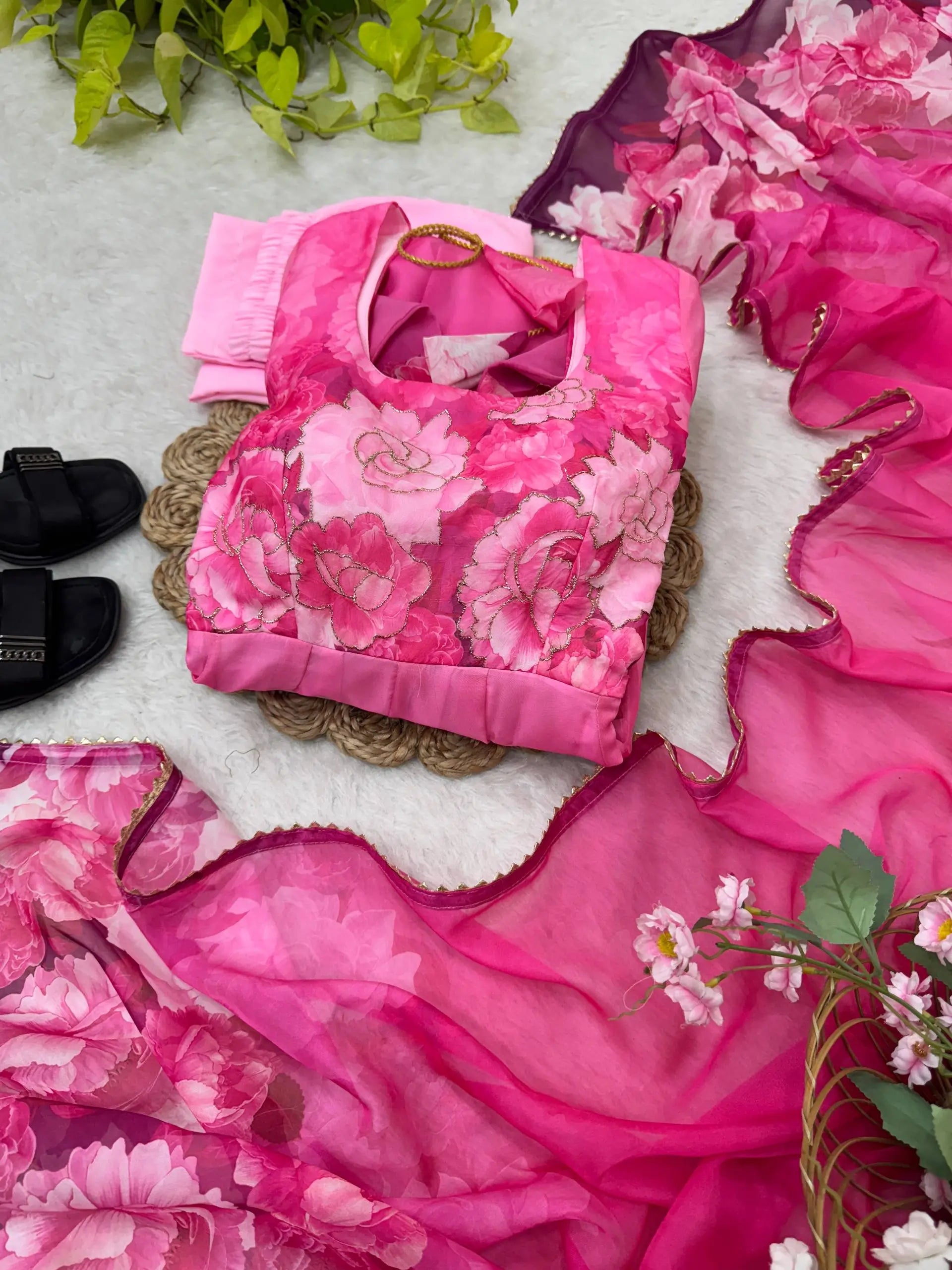 Soft Organza Silk Floral Anarkali Set with Gota Patti Dupatta