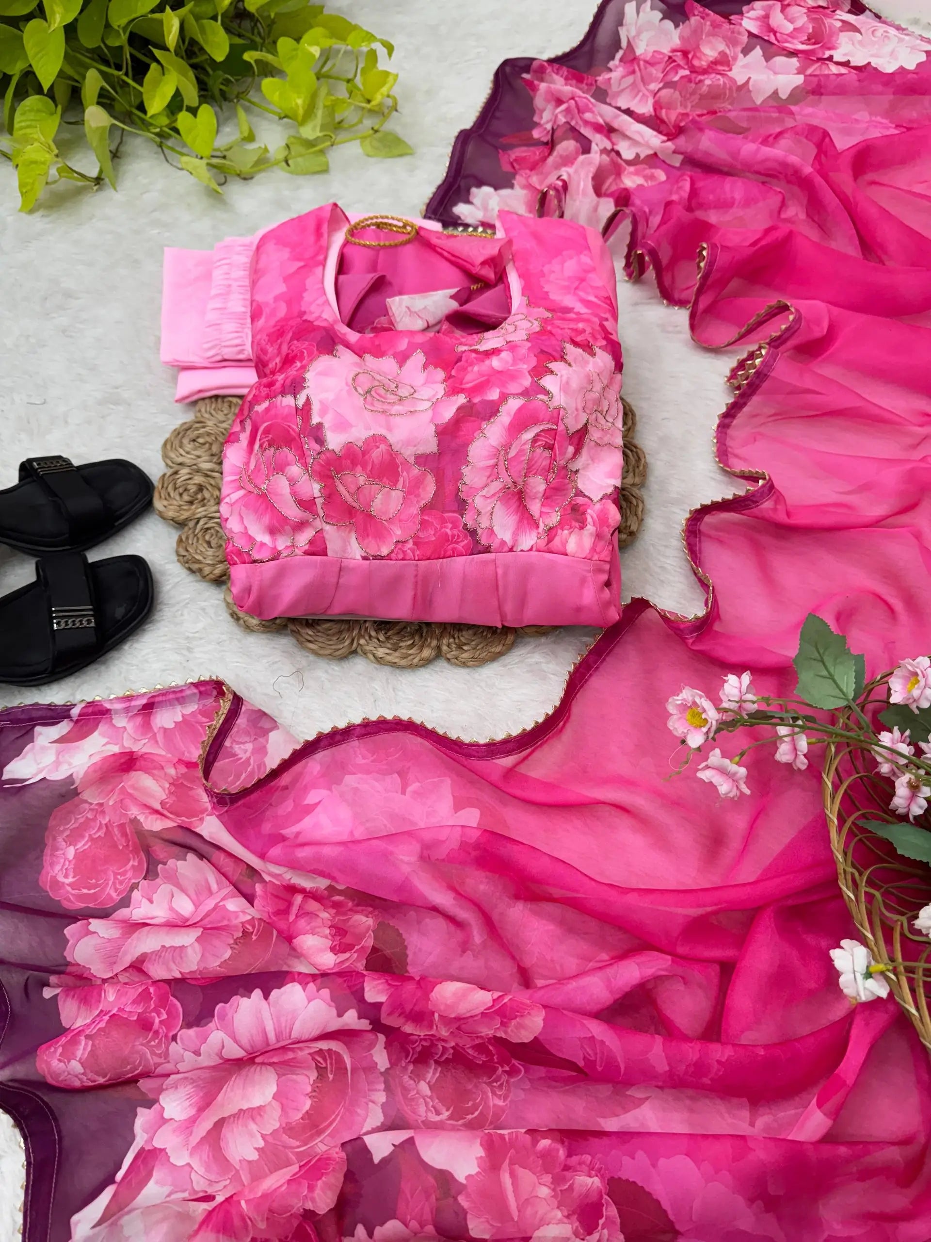 Soft Organza Silk Floral Anarkali Set with Gota Patti Dupatta