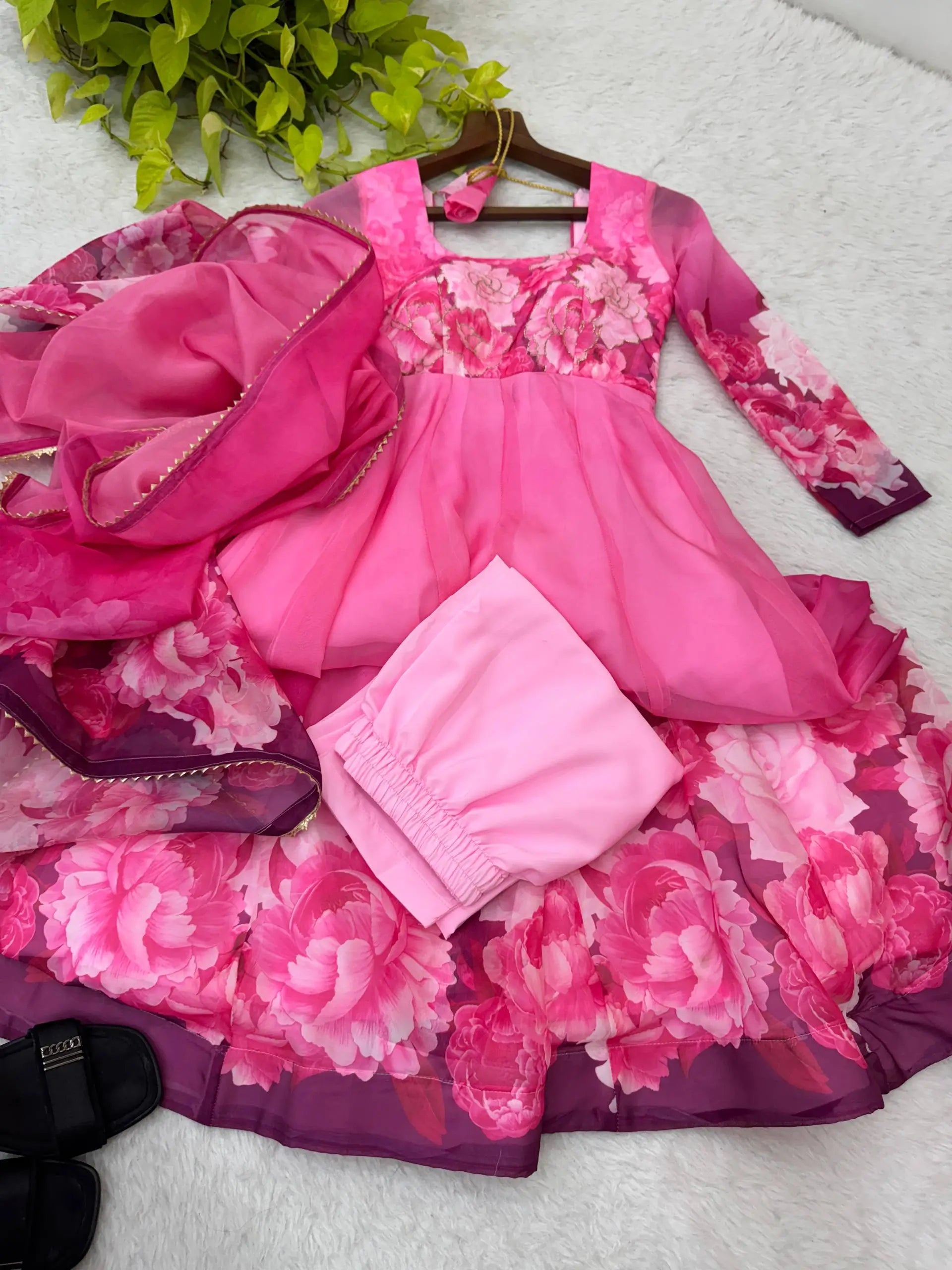 Soft Organza Silk Floral Anarkali Set with Gota Patti Dupatta