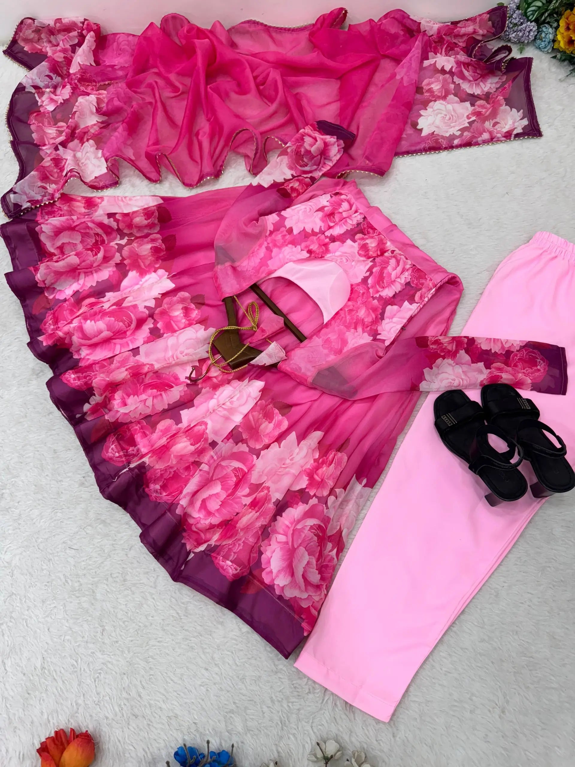 Soft Organza Silk Floral Anarkali Set with Gota Patti Dupatta