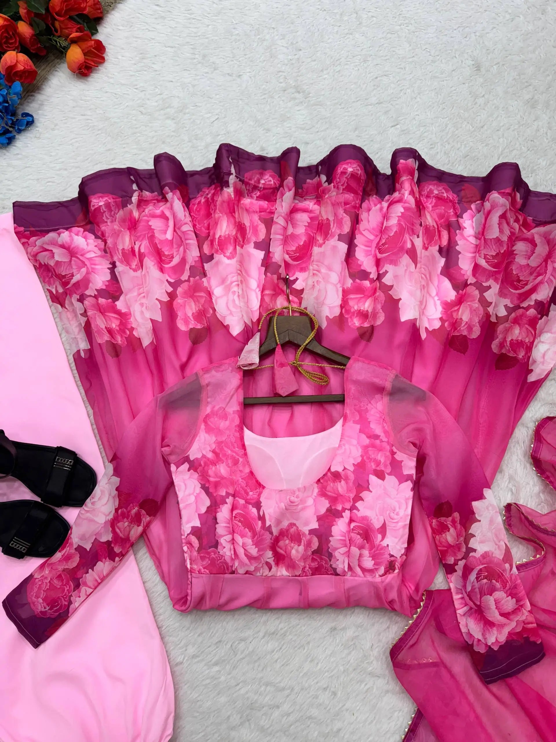 Soft Organza Silk Floral Anarkali Set with Gota Patti Dupatta