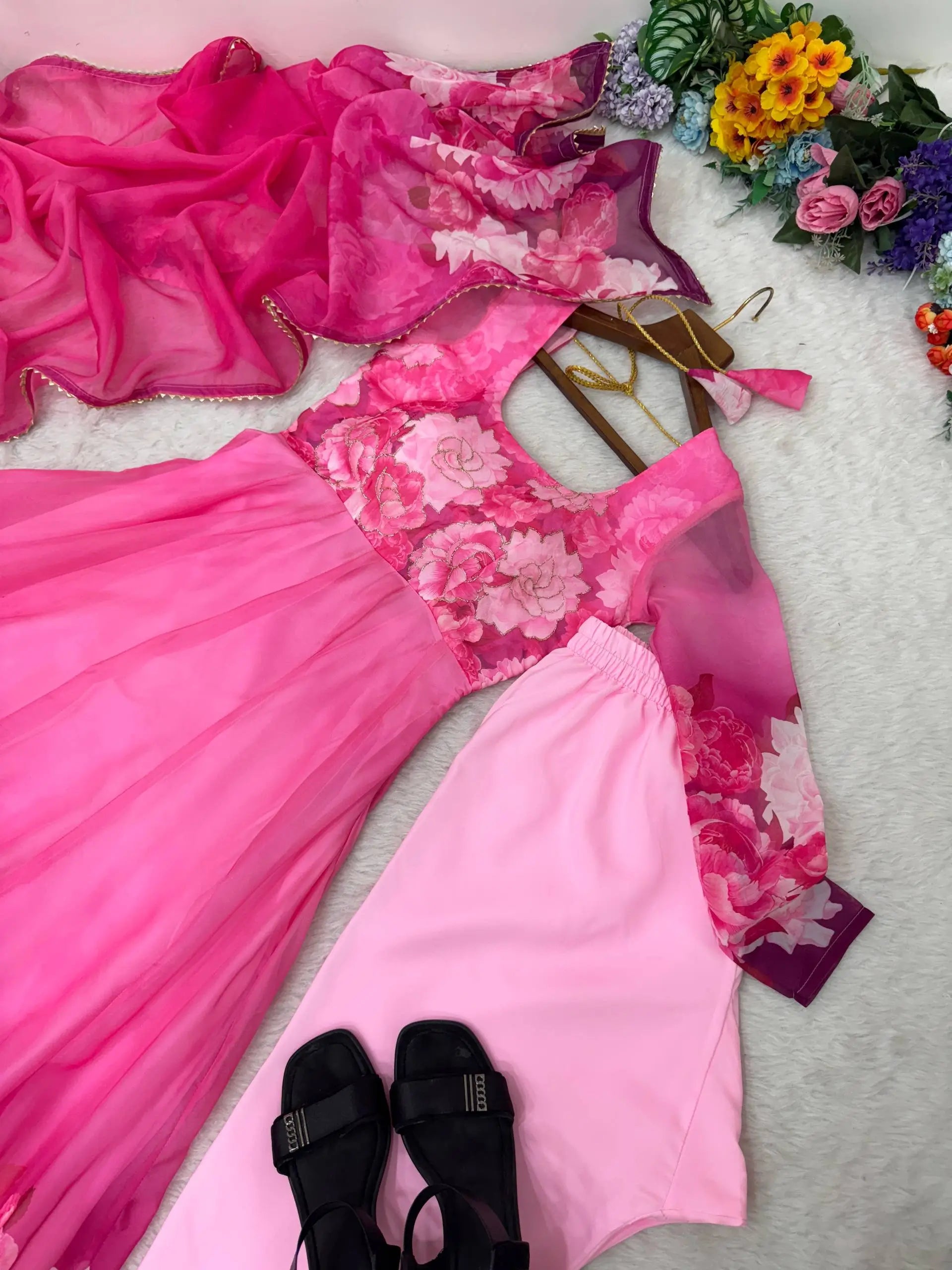 Soft Organza Silk Floral Anarkali Set with Gota Patti Dupatta
