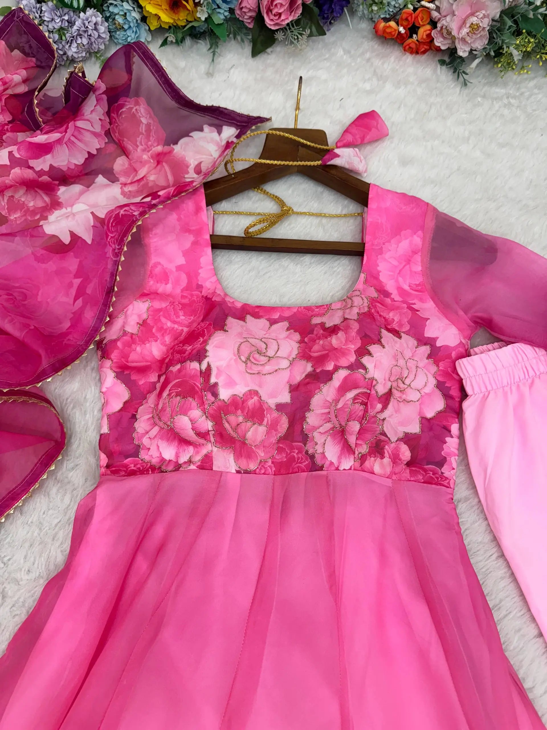 Soft Organza Silk Floral Anarkali Set with Gota Patti Dupatta