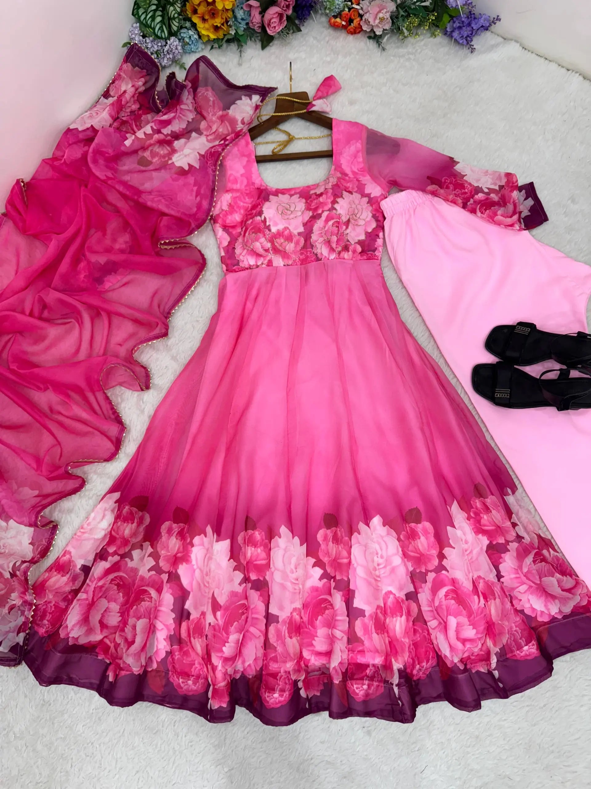 Soft Organza Silk Floral Anarkali Set with Gota Patti Dupatta