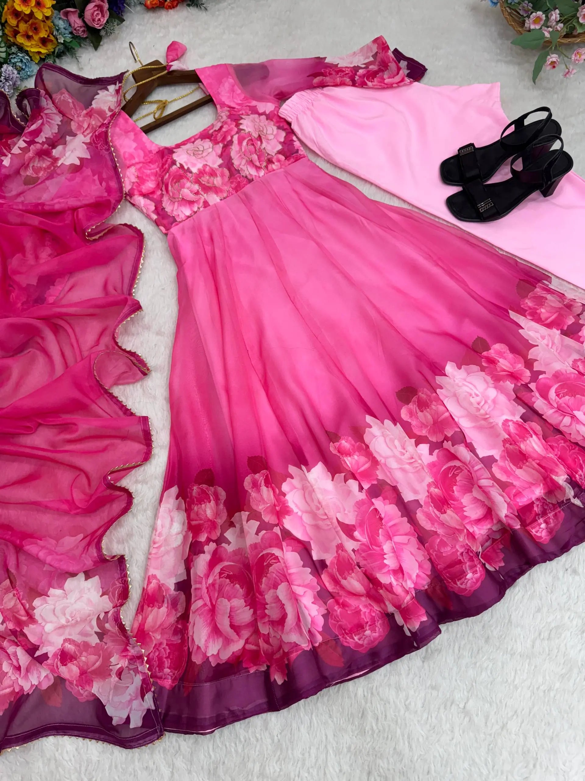 Soft Organza Silk Floral Anarkali Set with Gota Patti Dupatta
