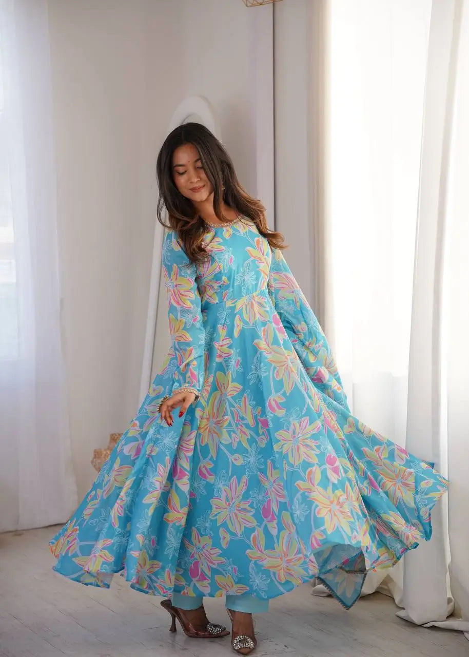 Soft Organza Silk Floral Anarkali Set with Gota Patti Dupatta