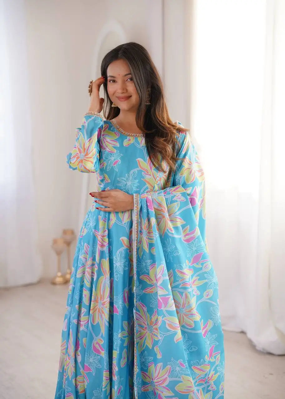Soft Organza Silk Floral Anarkali Set with Gota Patti Dupatta