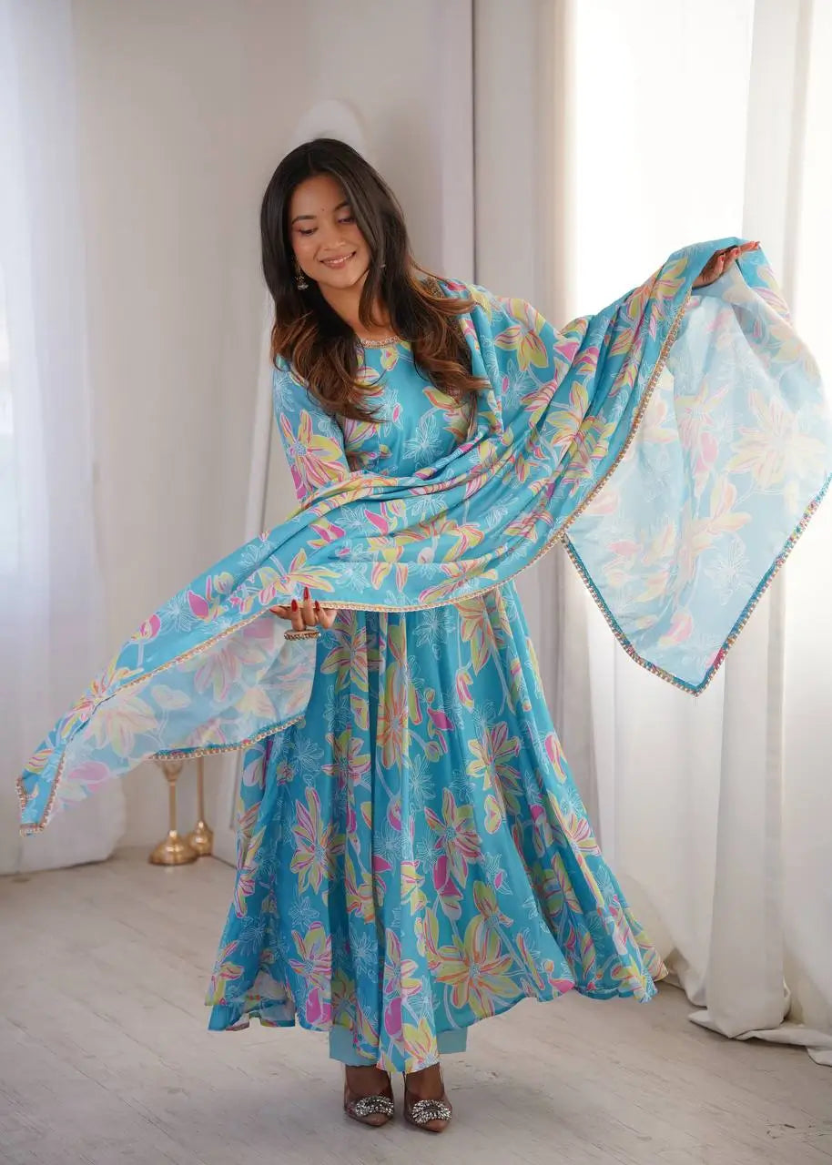 Soft Organza Silk Floral Anarkali Set with Gota Patti Dupatta
