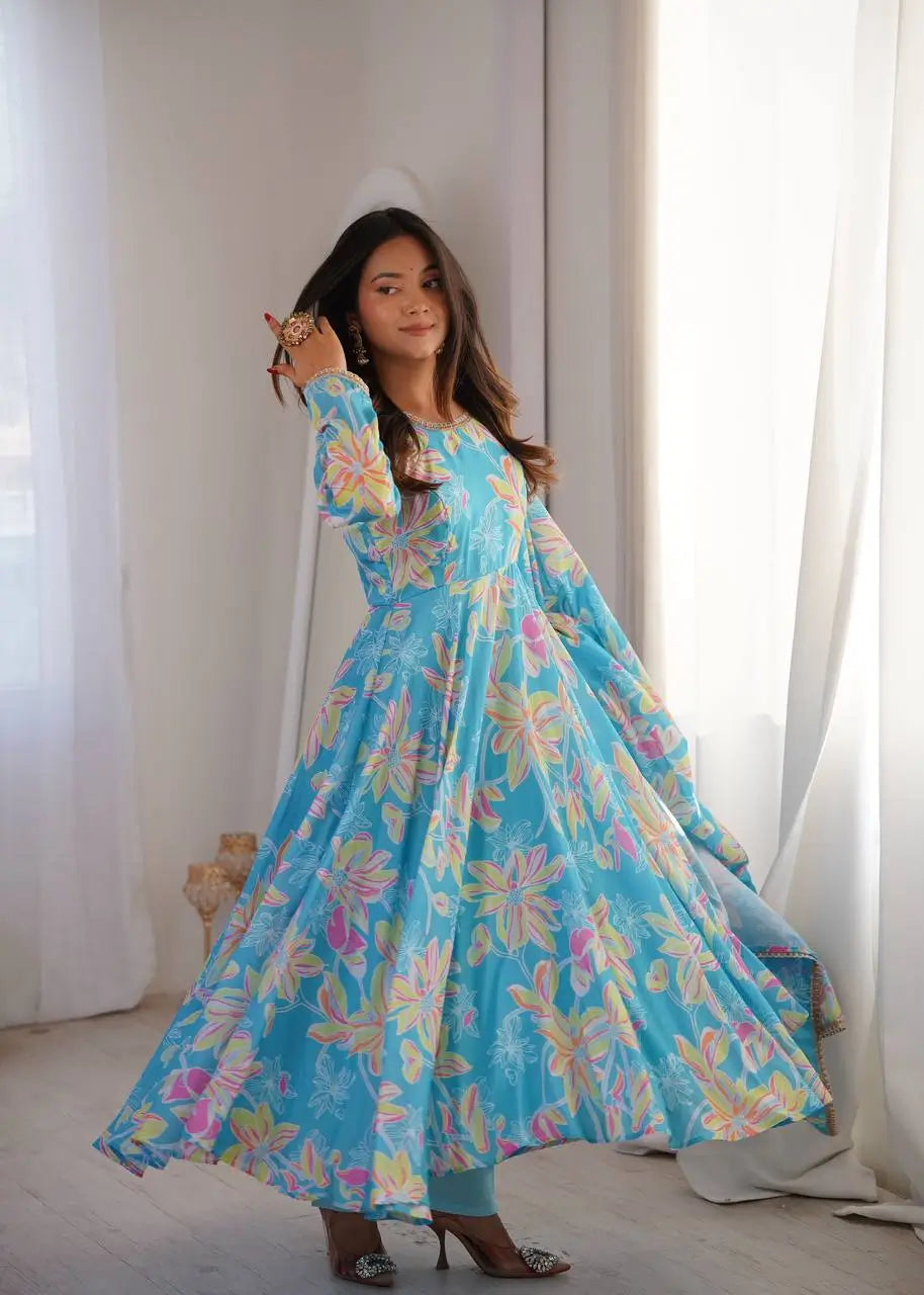 Soft Organza Silk Floral Anarkali Set with Gota Patti Dupatta