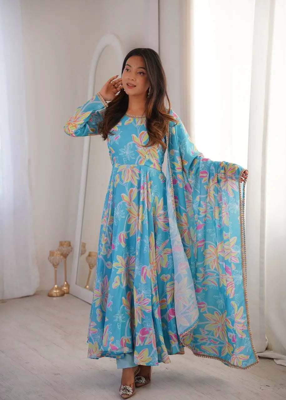 Soft Organza Silk Floral Anarkali Set with Gota Patti Dupatta