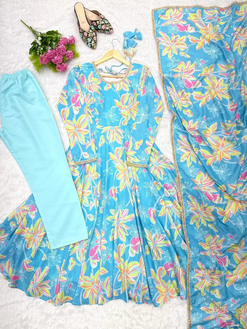 Soft Organza Silk Floral Anarkali Set with Gota Patti Dupatta