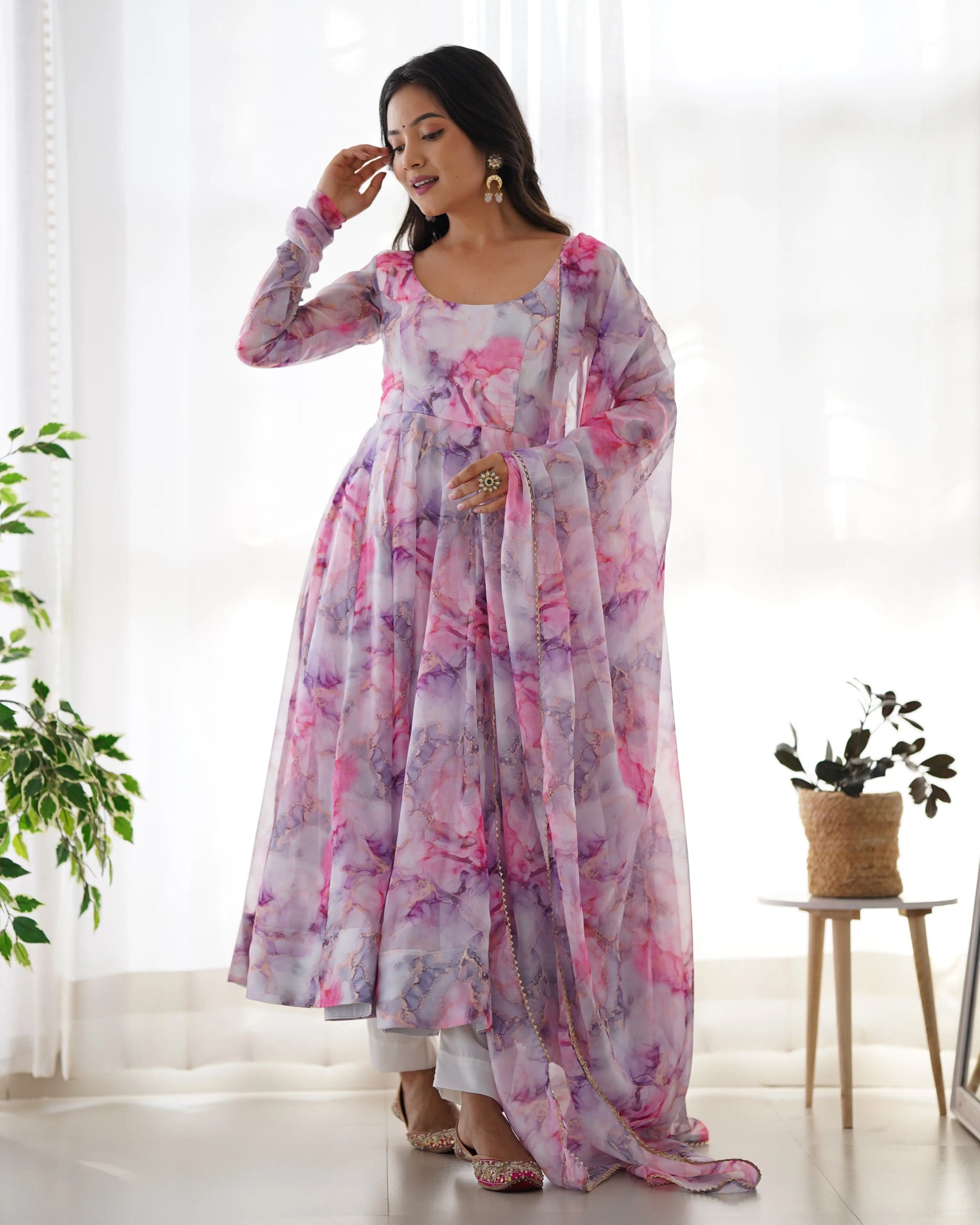 Soft Organza Silk Floral Anarkali Set with Gota Patti Dupatta