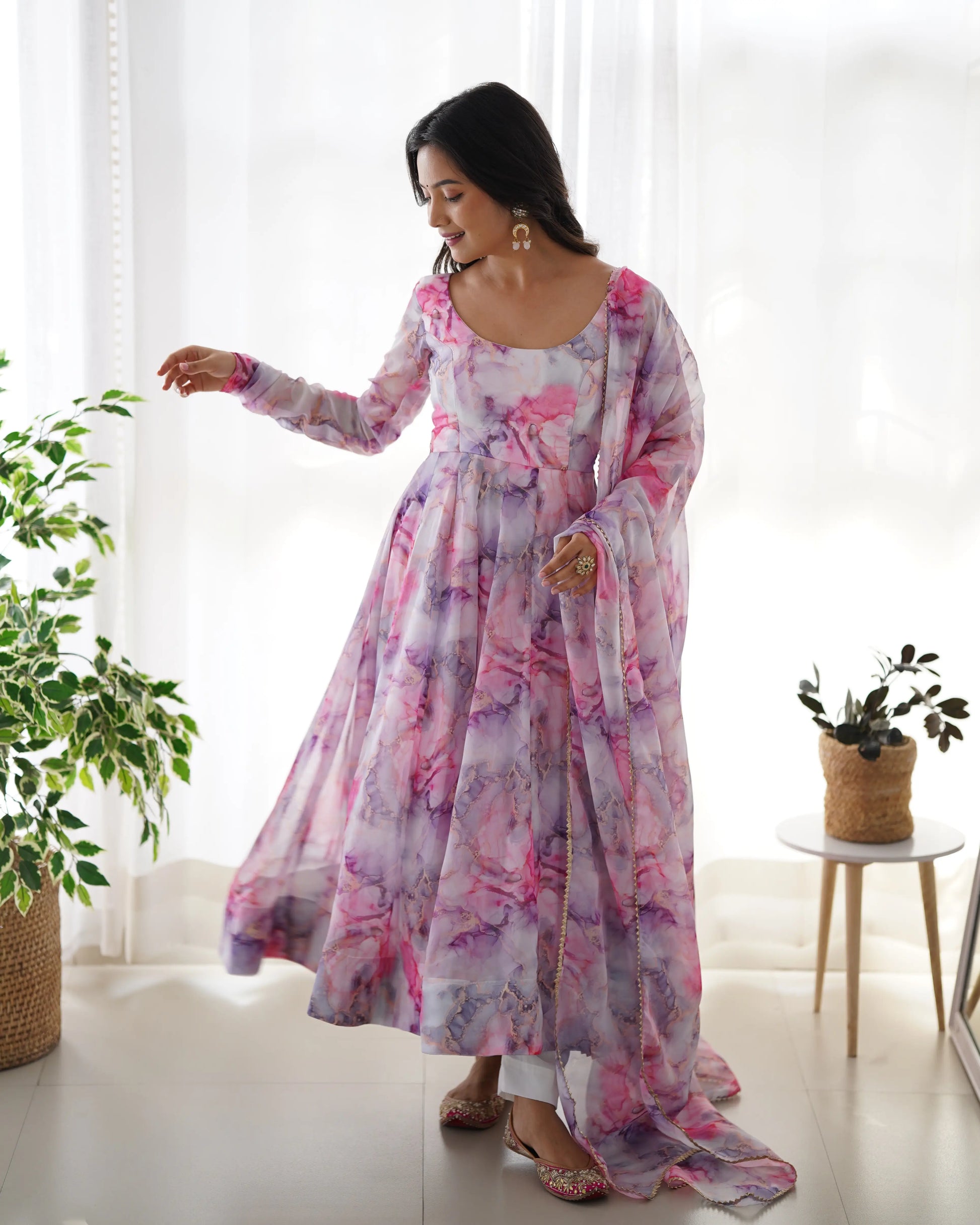 Soft Organza Silk Floral Anarkali Set with Gota Patti Dupatta