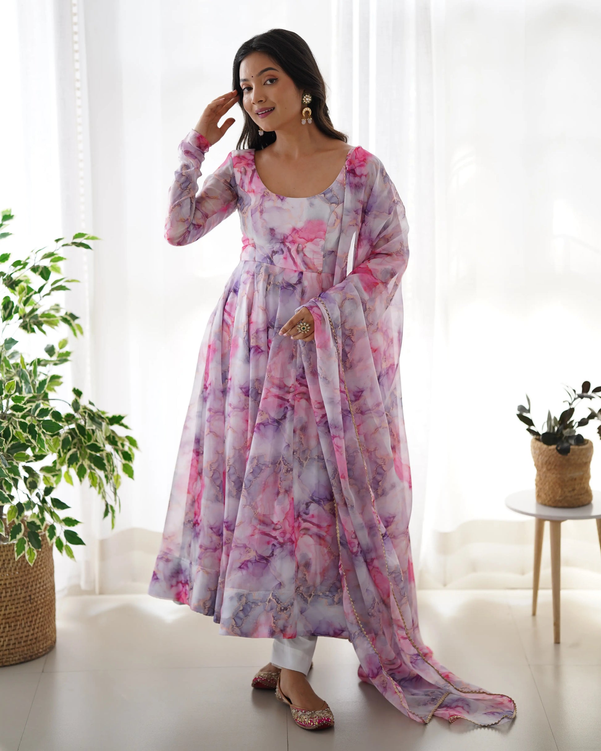 Soft Organza Silk Floral Anarkali Set with Gota Patti Dupatta